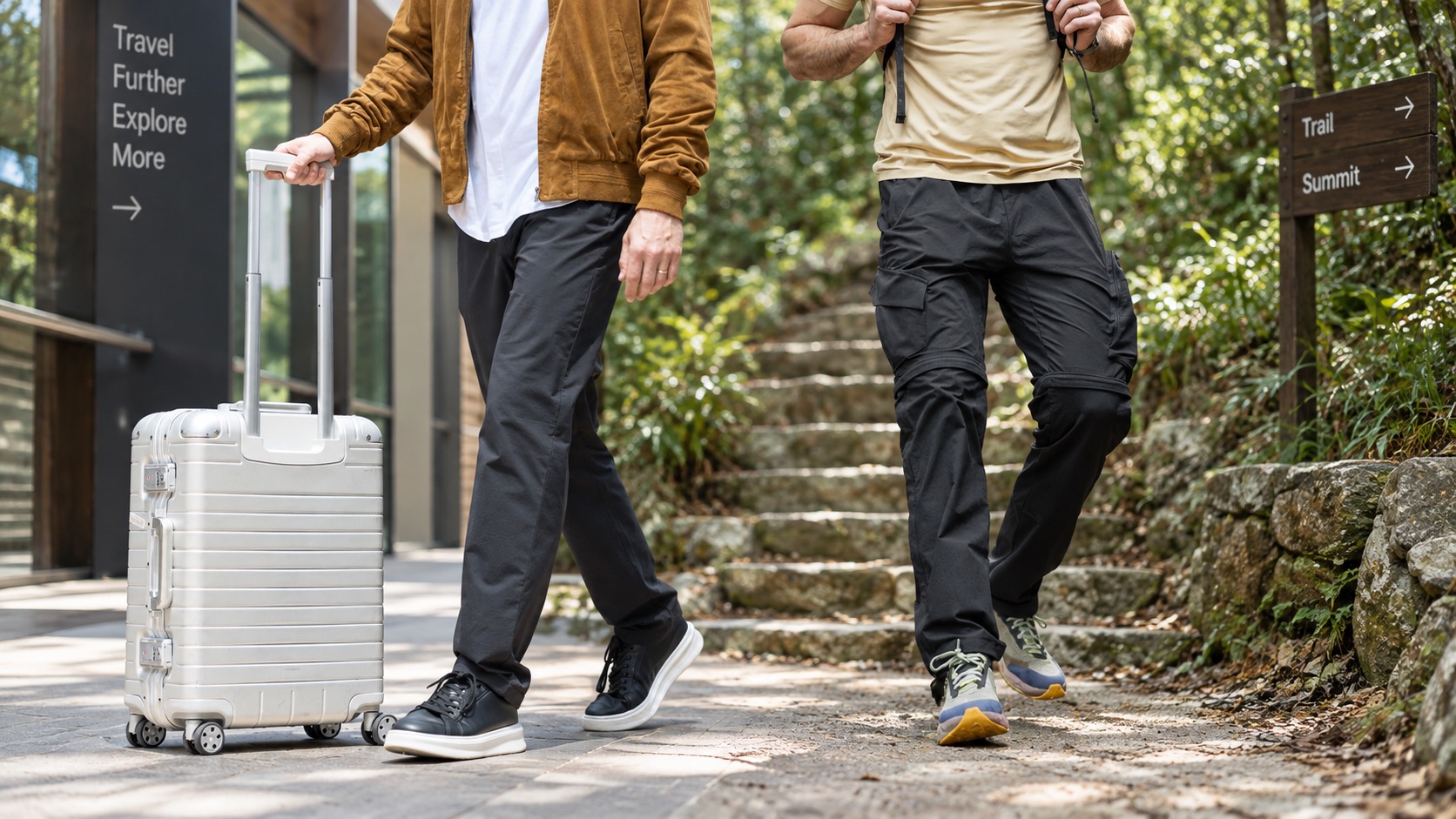 All Rounder Urban walking beside a carry-on in the city, and All Rounder Adventure at the foot of a trail.